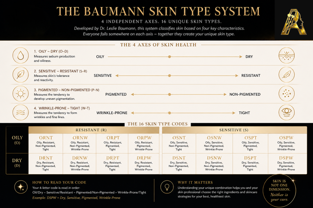 The Baumann Skin Type System — 4 independent axes (Oily/Dry, Sensitive/Resistant, Pigmented/Non-Pigmented, Wrinkle-Prone/Tight) creating 16 unique skin type codes